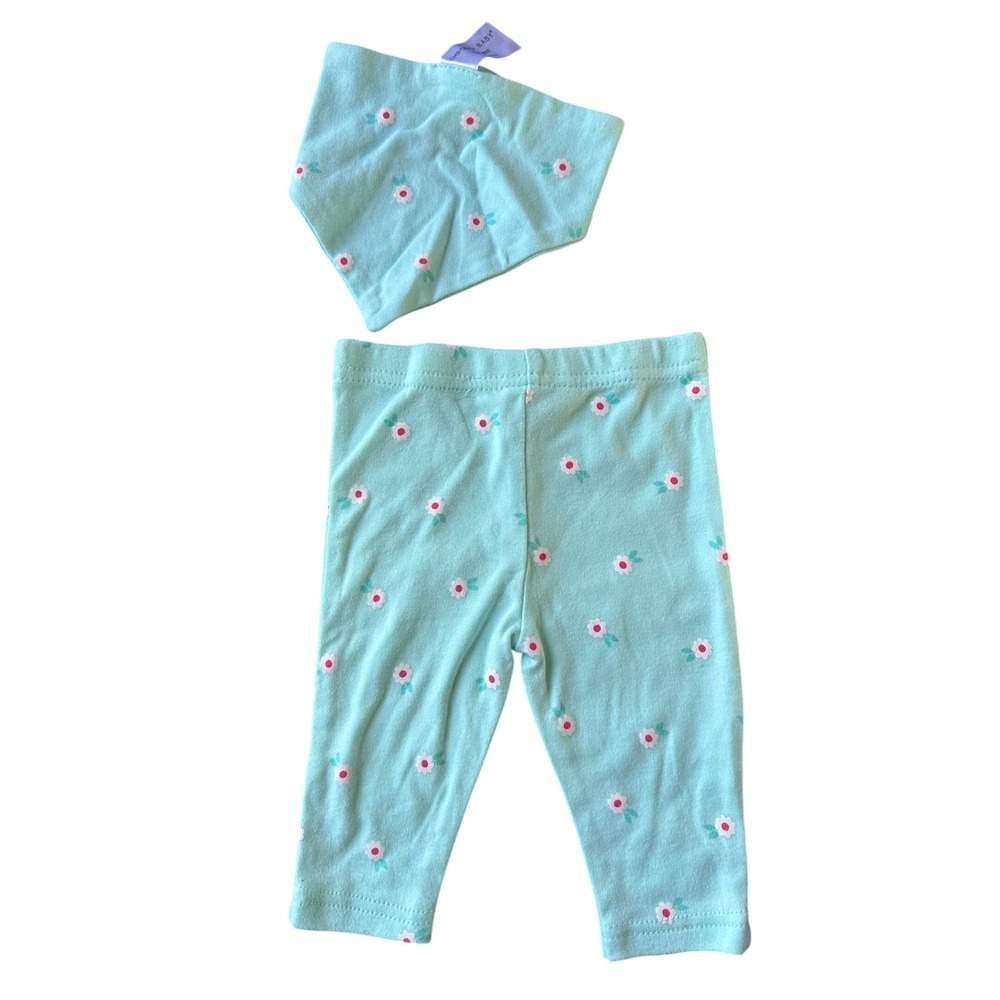 Emporio Baby Girls Aqua Floral Leggings and Bandana Bib Set 3-6M